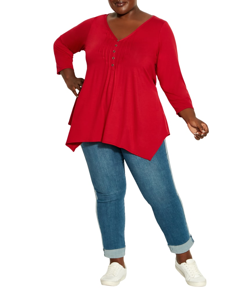 Front of a model wearing a size 14 Valerie Top in Red by avenue. | dia_product_style_image_id:234230